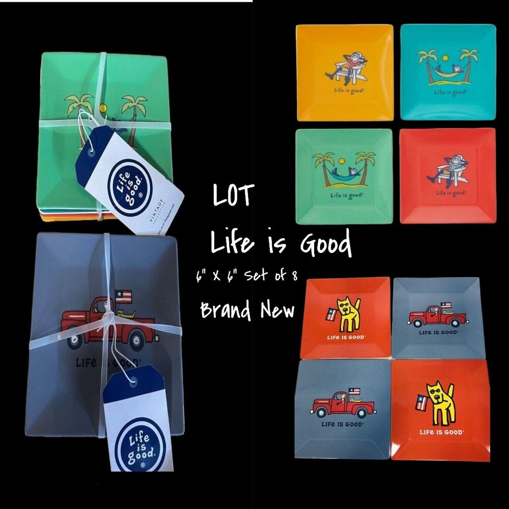 Life Is Good Melamine Square Plates Set of 8 - 6" x 6" - Brand New